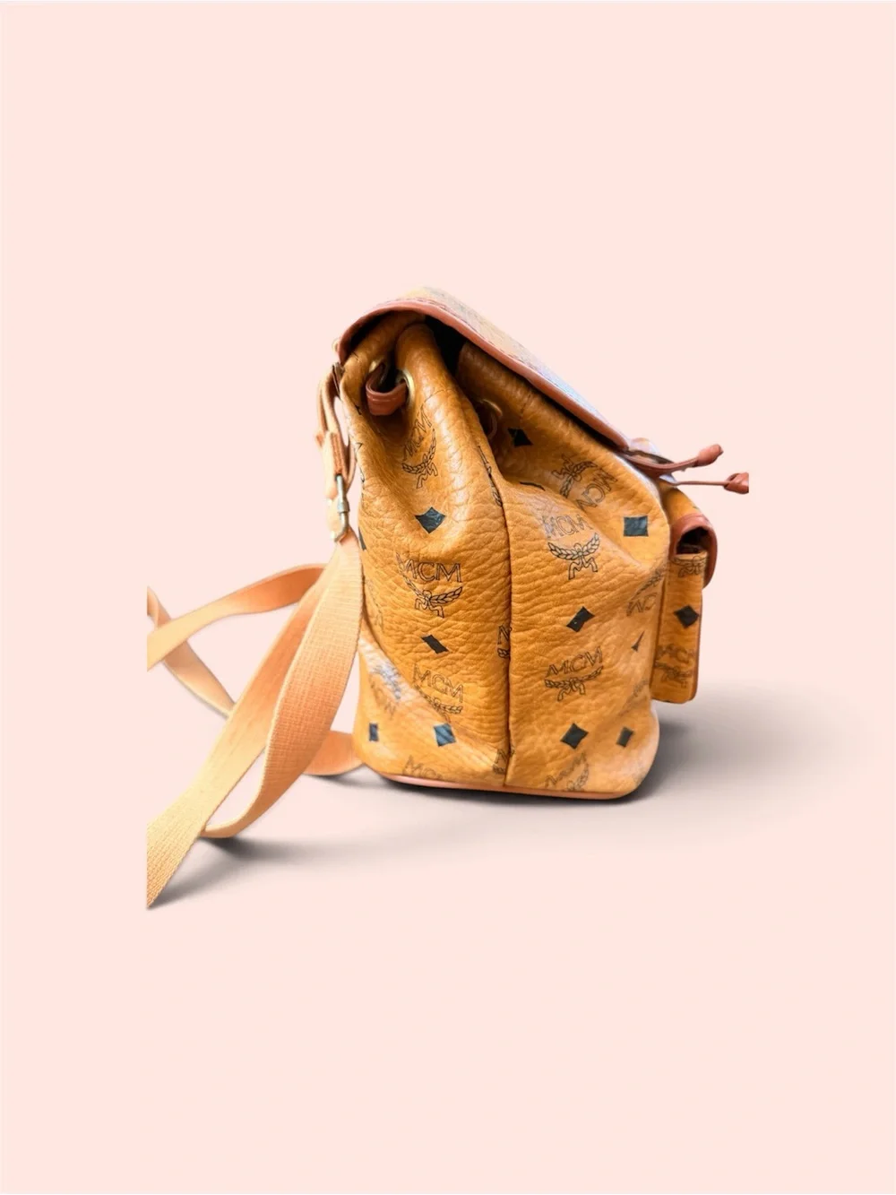 MCM Cognac Visetos Monogram Drawstring Backpack with Black Accents